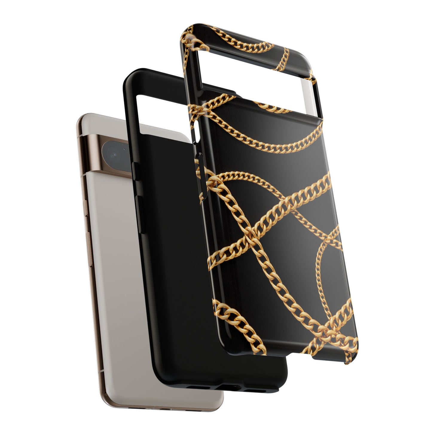 Luxury Gold Chain Phone Case – Black Designer Style Tough Protective Cover for Iphone, Samsung Galaxy and Pixel