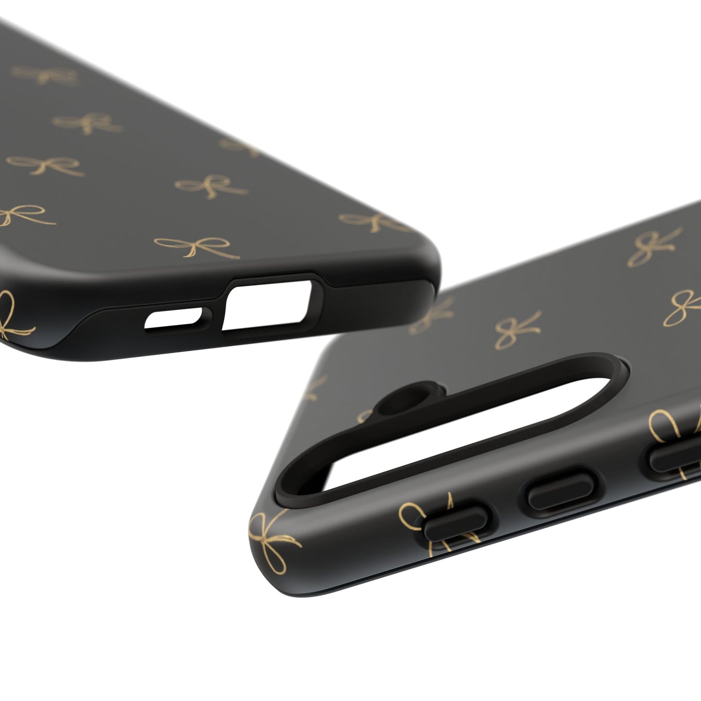 Black Phone Case with Gold Bow Pattern – Slim Protective Cute Aesthetic Cover for Iphone, Samsung Galaxy and Pixel