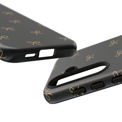 Black Phone Case with Gold Bow Pattern – Slim Protective Cute Aesthetic Cover for Iphone, Samsung Galaxy and Pixel