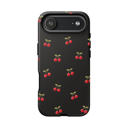 Cherry Pattern Phone Case — Slim Black Protective iPhone Case with Red Cherries for Iphone, Samsung Galaxy and Pixel