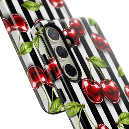 Cherry Pattern Phone Case Black White Stripe Retro Aesthetic Tough Cover