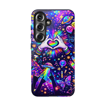Rainbow Heart Hands Phone Case – Neon Galaxy EDM Festival Tough Cover