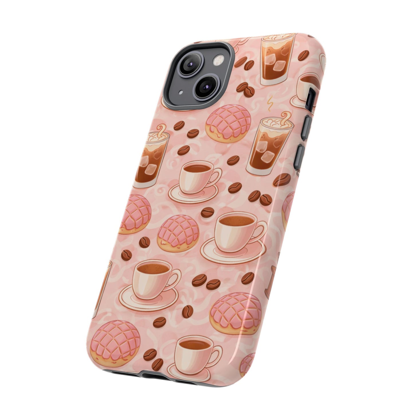 Cute Coffee & Pink Concha Phone Case – Coffee Lover Aesthetic Latte Pattern Tough Case