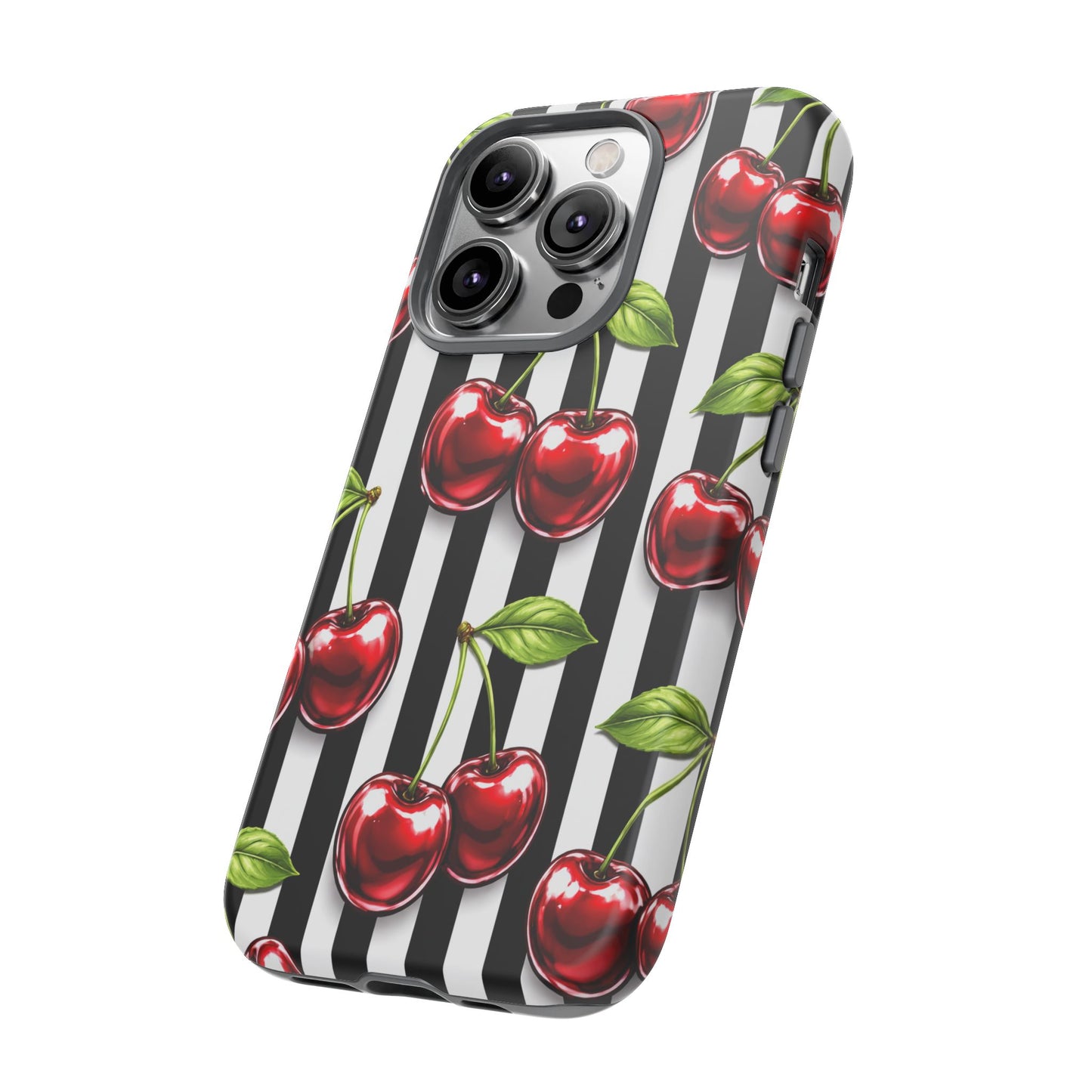 Cherry Pattern Phone Case Black White Stripe Retro Aesthetic Tough Cover