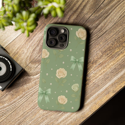 Vintage Rose Bow Phone Case – Sage Green Floral Coquette Aesthetic Tough Case (iPhone, Samsung, Pixel)