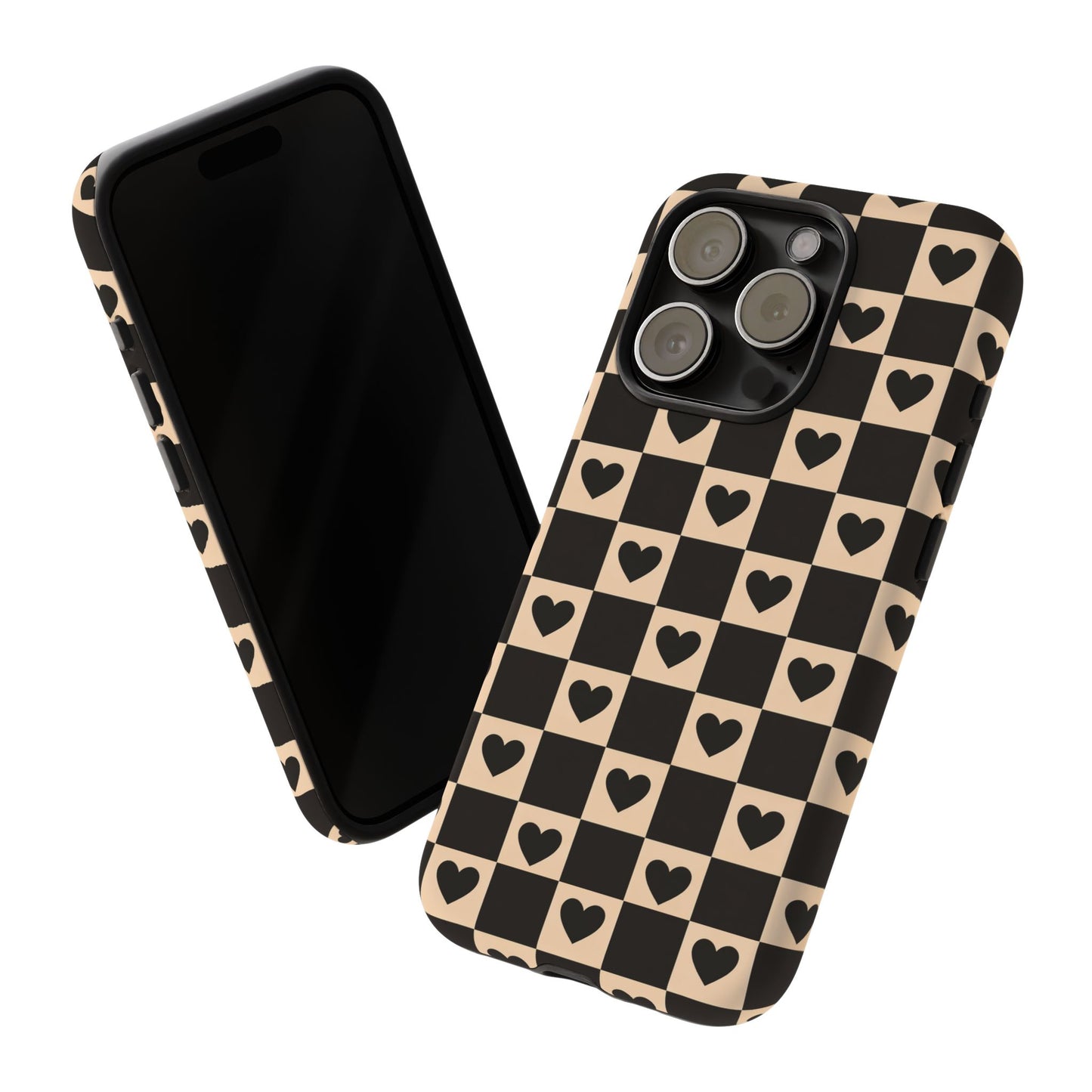 Checkerboard Heart Phone Case – Black & Beige Cute Aesthetic Protective Cover for Iphone, Samsung Galaxy and Pixel