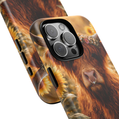 Highland Cow Sunflower Phone Case | Floral Farmhouse iPhone, Samsung Galaxy and Pixel Cover