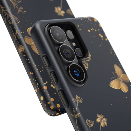 Gold Floral Butterfly Phone Case, Dark Aesthetic Botanical, Elegant Black Luxury iPhone Samsung Cover