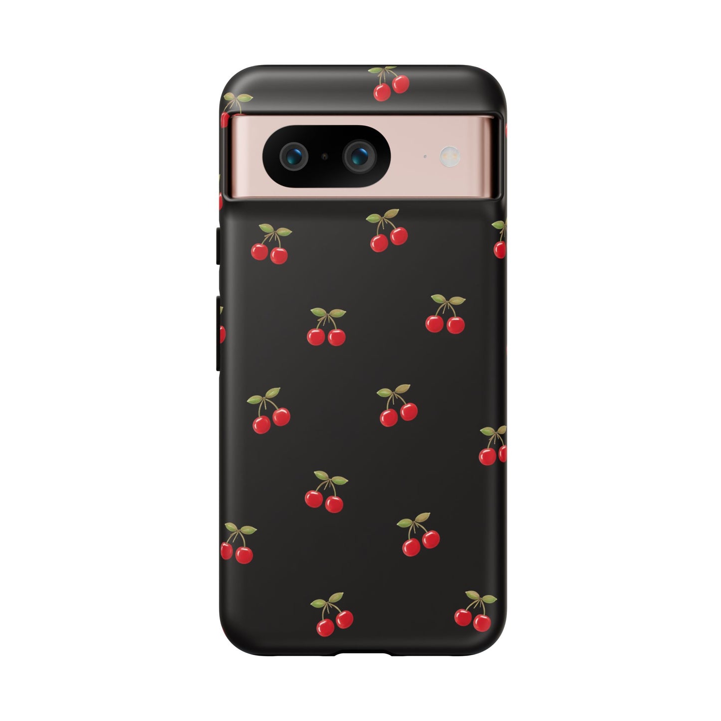 Cherry Pattern Phone Case — Slim Black Protective iPhone Case with Red Cherries for Iphone, Samsung Galaxy and Pixel