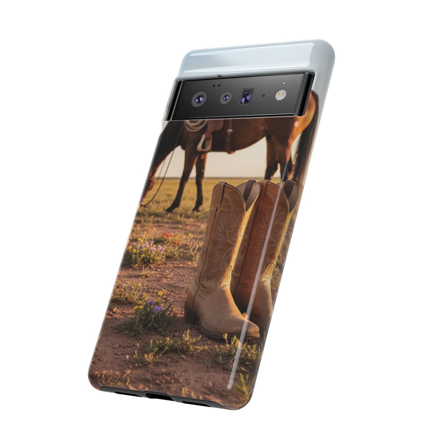 Western Cowboy Boots Phone Case – Rustic Horse Sunset Tough Case (iPhone, Samsung, Pixel)