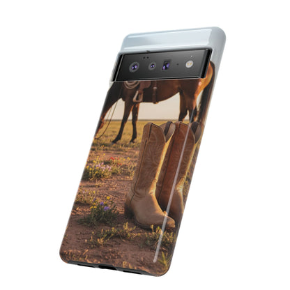 Western Cowboy Boots Phone Case – Rustic Horse Sunset Tough Case (iPhone, Samsung, Pixel)