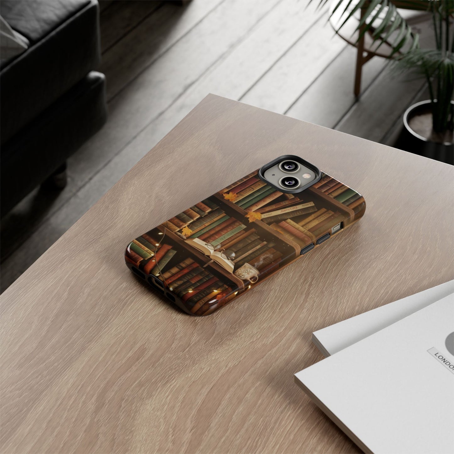 Cozy Vintage Bookshelf Phone Case, Library Aesthetic Book Stack, Autumn Coffee Vibes (iPhone, Samsung, Pixel)