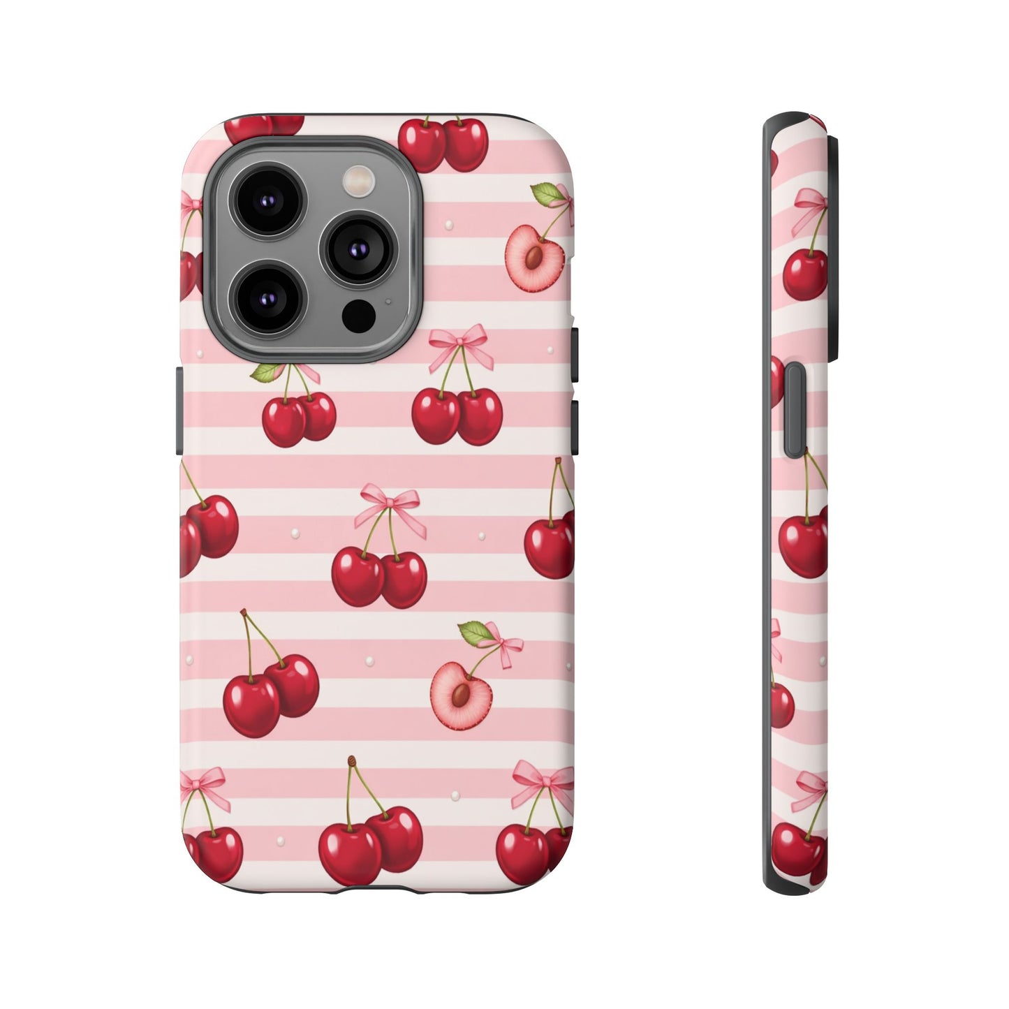 Coquette Cherry Bow Phone Case | Cute Pink Aesthetic Cherry Pattern Tough Case for iPhone & Samsung