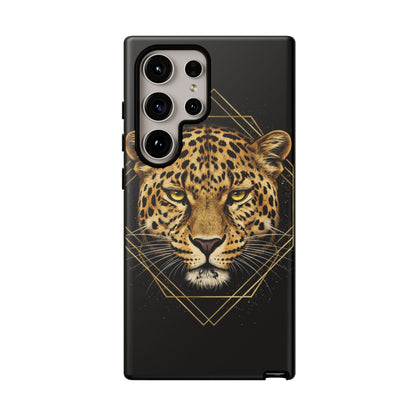 Leopard Head Geometric Phone Case – Black & Gold Luxe Tough Case