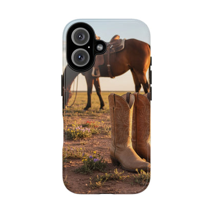Western Cowboy Boots Phone Case – Rustic Horse Sunset Tough Case (iPhone, Samsung, Pixel)