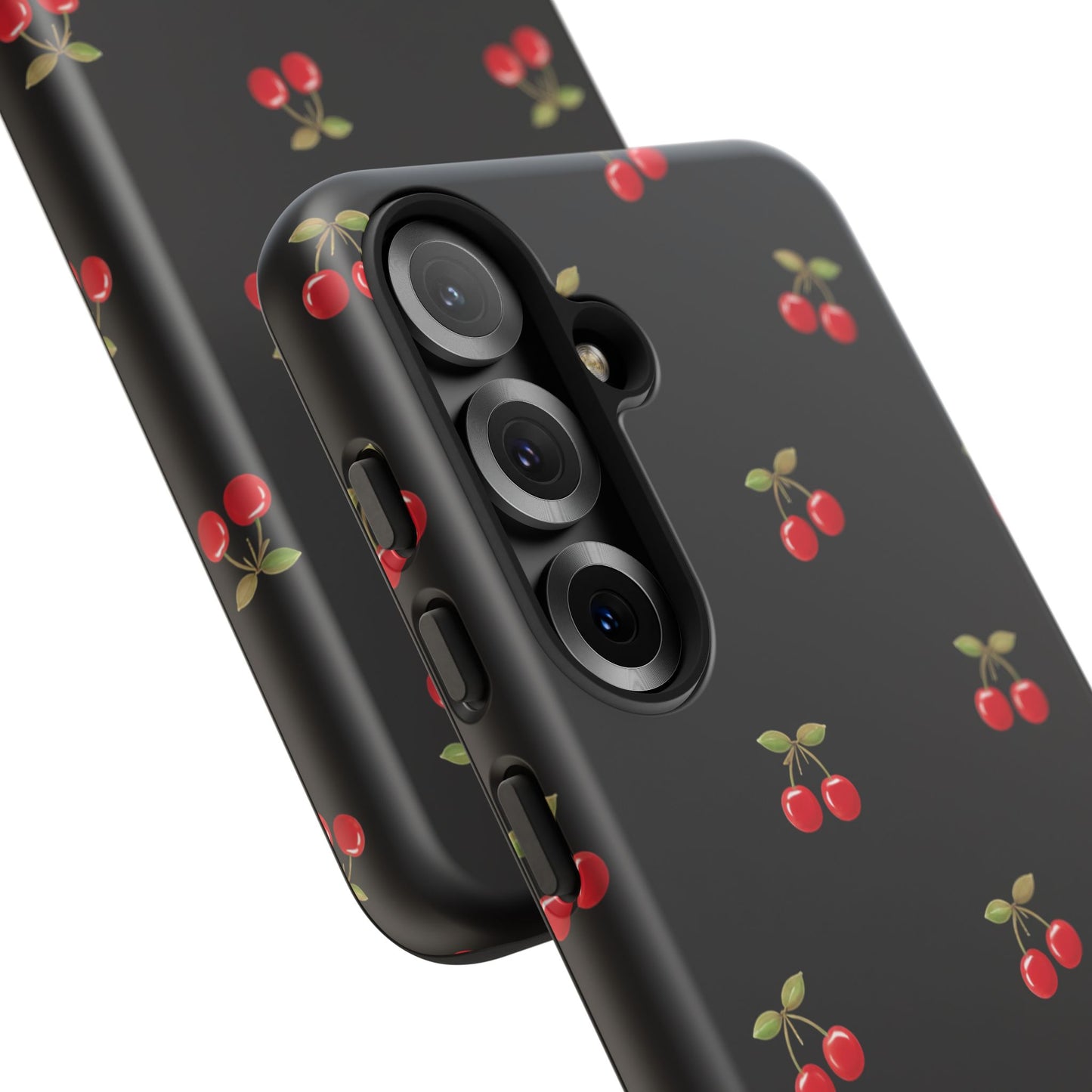 Cherry Pattern Phone Case — Slim Black Protective iPhone Case with Red Cherries for Iphone, Samsung Galaxy and Pixel