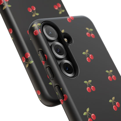 Cherry Pattern Phone Case — Slim Black Protective iPhone Case with Red Cherries for Iphone, Samsung Galaxy and Pixel