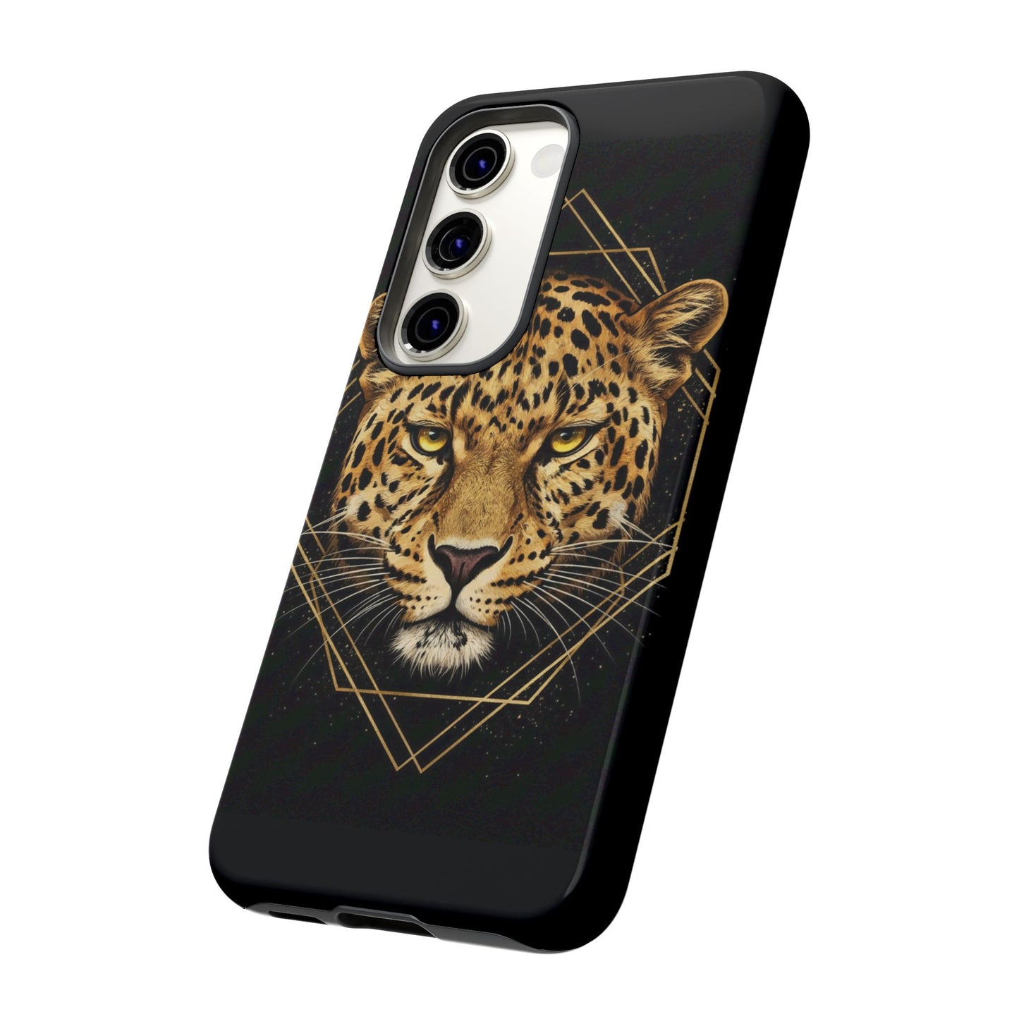 Leopard Head Geometric Phone Case – Black & Gold Luxe Tough Case