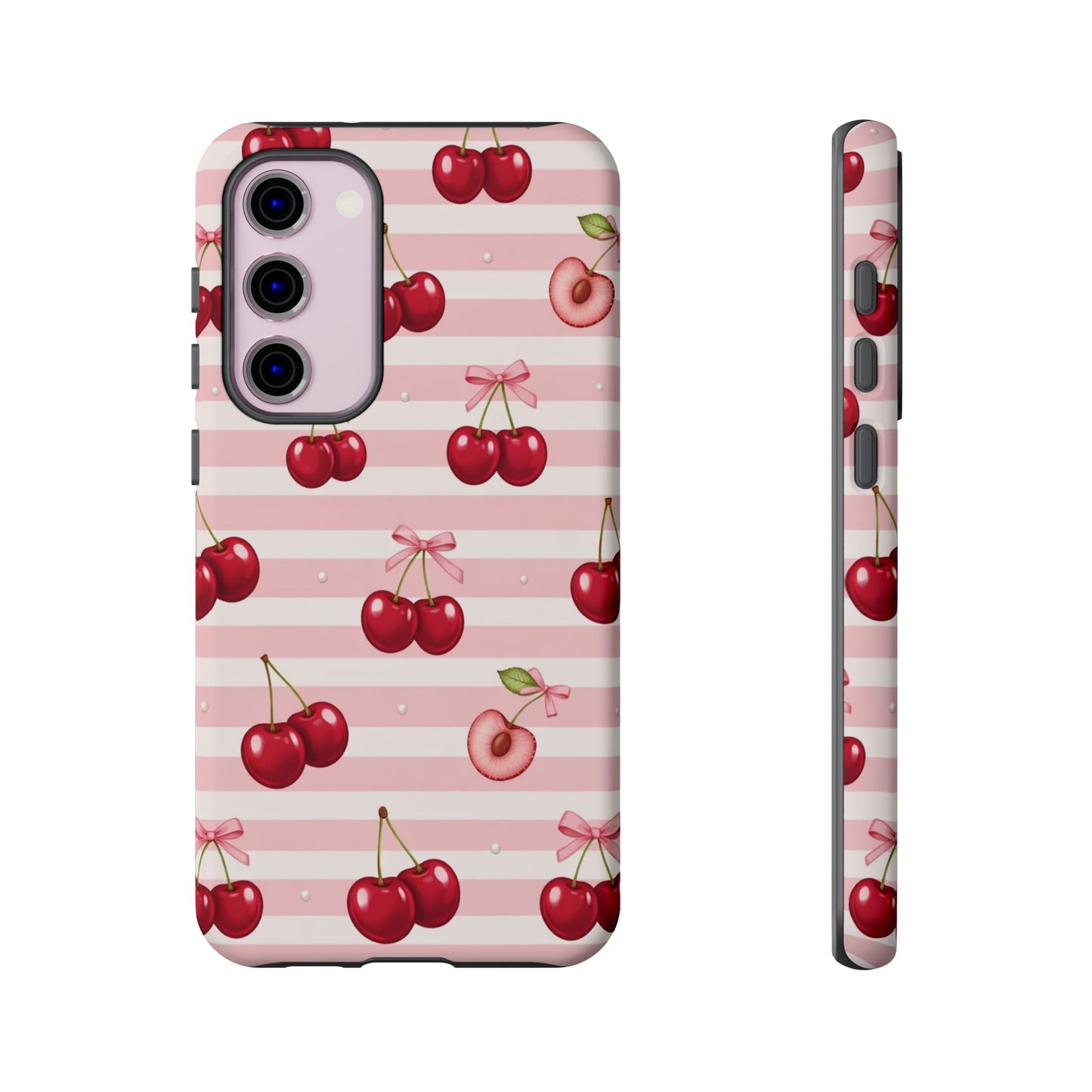 Coquette Cherry Bow Phone Case | Cute Pink Aesthetic Cherry Pattern Tough Case for iPhone & Samsung