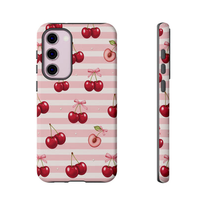 Coquette Cherry Bow Phone Case | Cute Pink Aesthetic Cherry Pattern Tough Case for iPhone & Samsung