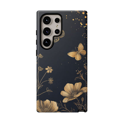 Gold Floral Butterfly Phone Case, Dark Aesthetic Botanical, Elegant Black Luxury iPhone Samsung Cover