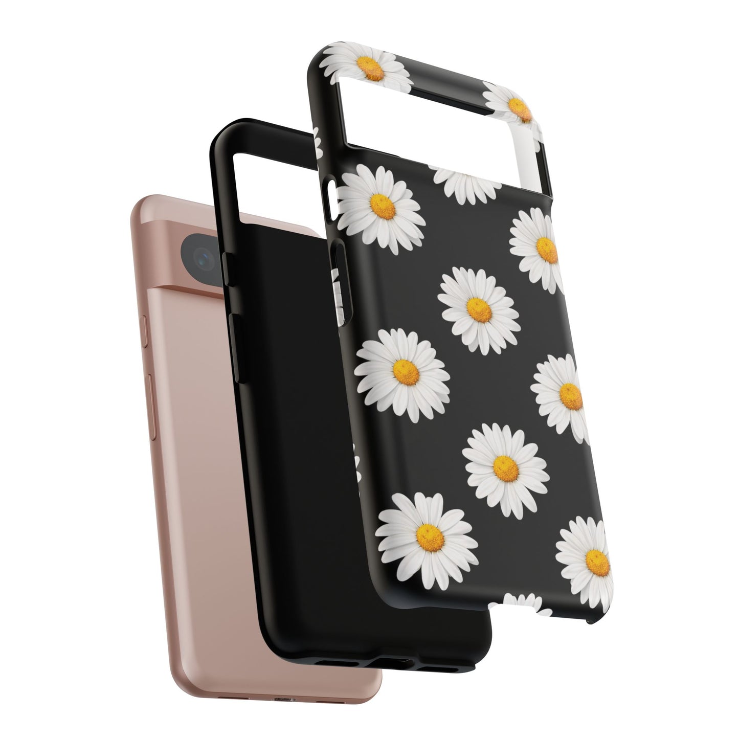 Black Daisy Floral Tough Phone Case – Cute Protective Cover for Iphone, Samsung Galaxy and Pixel