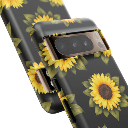 Sunflower Floral Tough Phone Case – Black Background Protective Cover for Iphone, Samsung Galaxy and Pixel