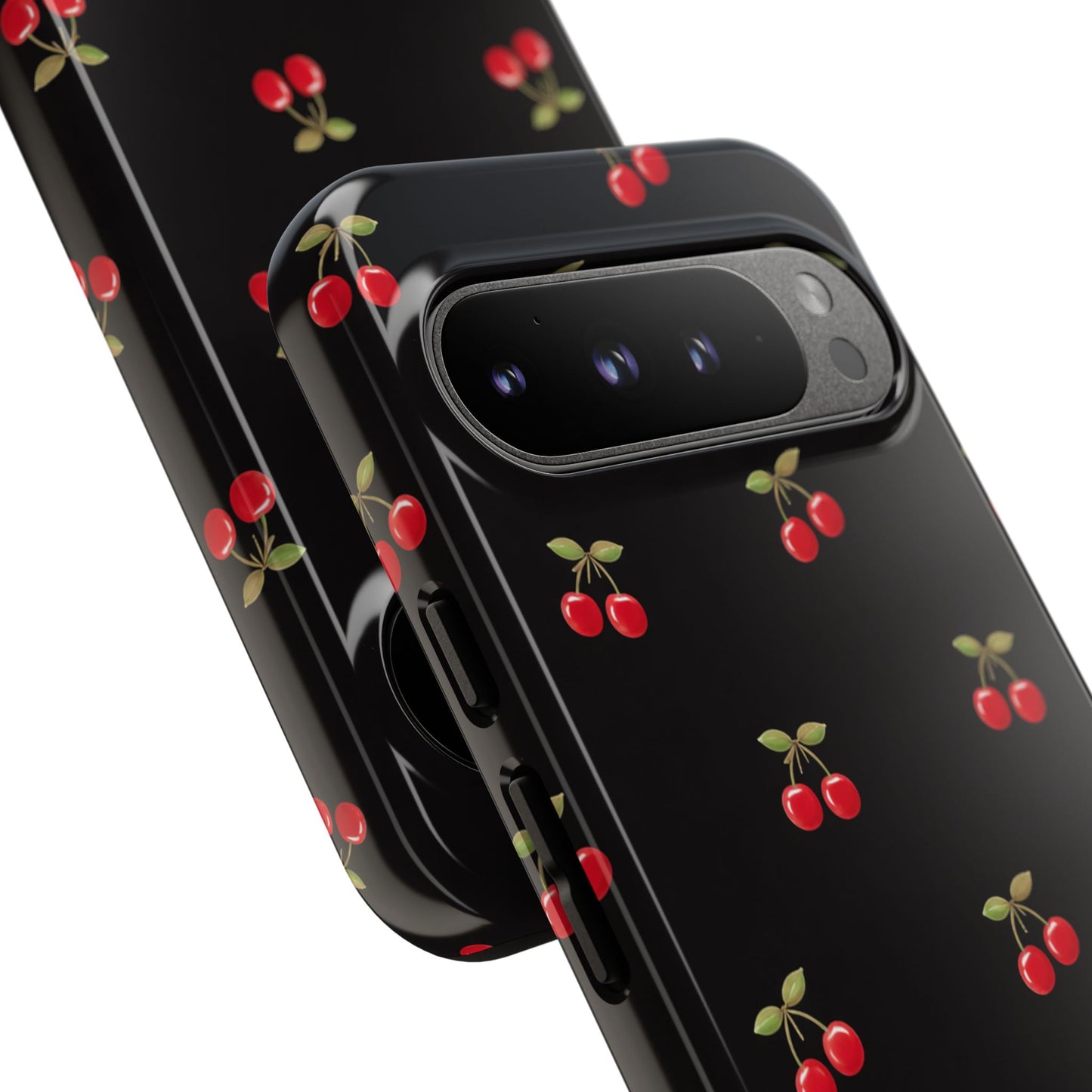 Cherry Pattern Phone Case — Slim Black Protective iPhone Case with Red Cherries for Iphone, Samsung Galaxy and Pixel