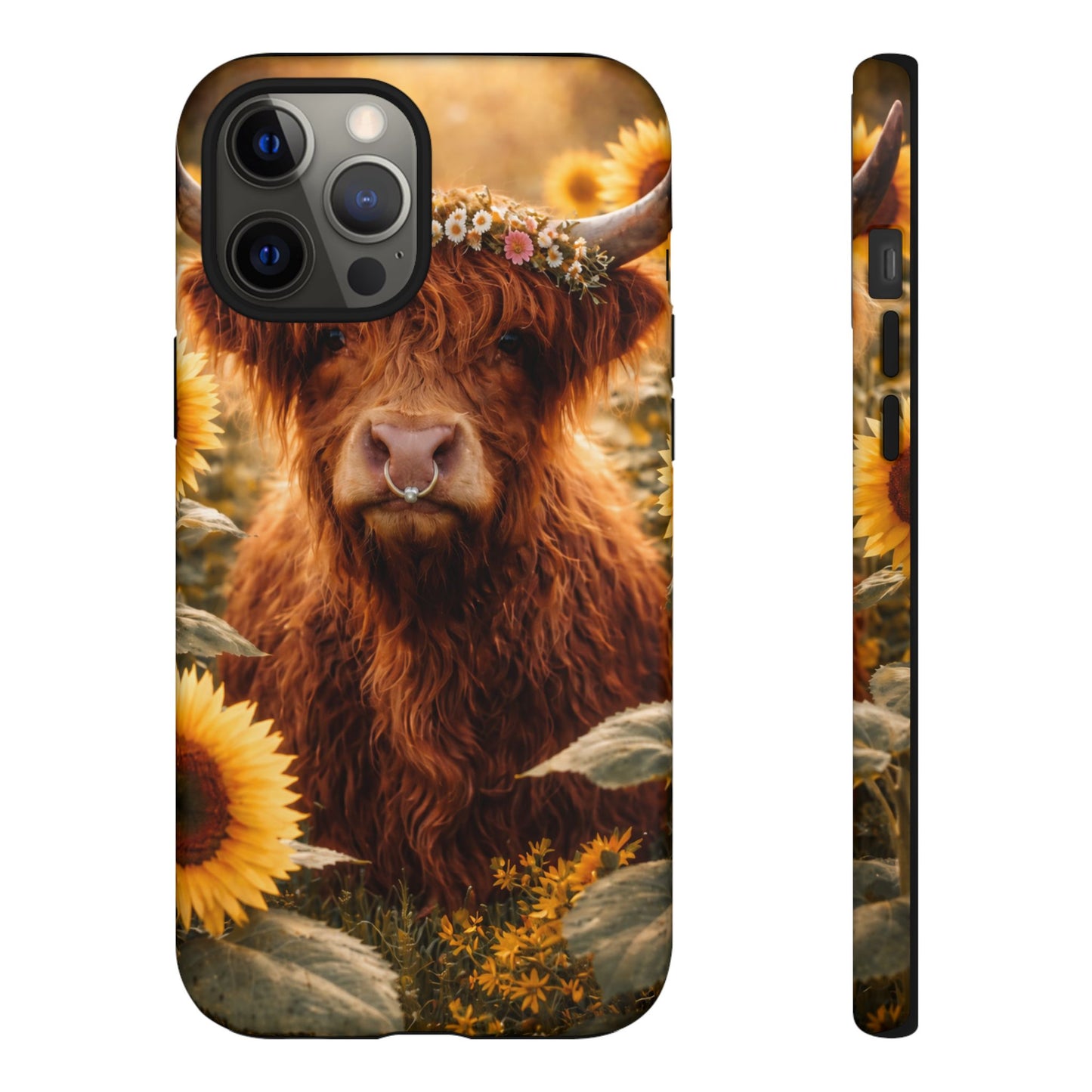 Highland Cow Sunflower Phone Case | Floral Farmhouse iPhone, Samsung Galaxy and Pixel Cover