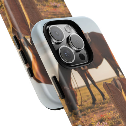 Western Cowboy Boots Phone Case – Rustic Horse Sunset Tough Case (iPhone, Samsung, Pixel)