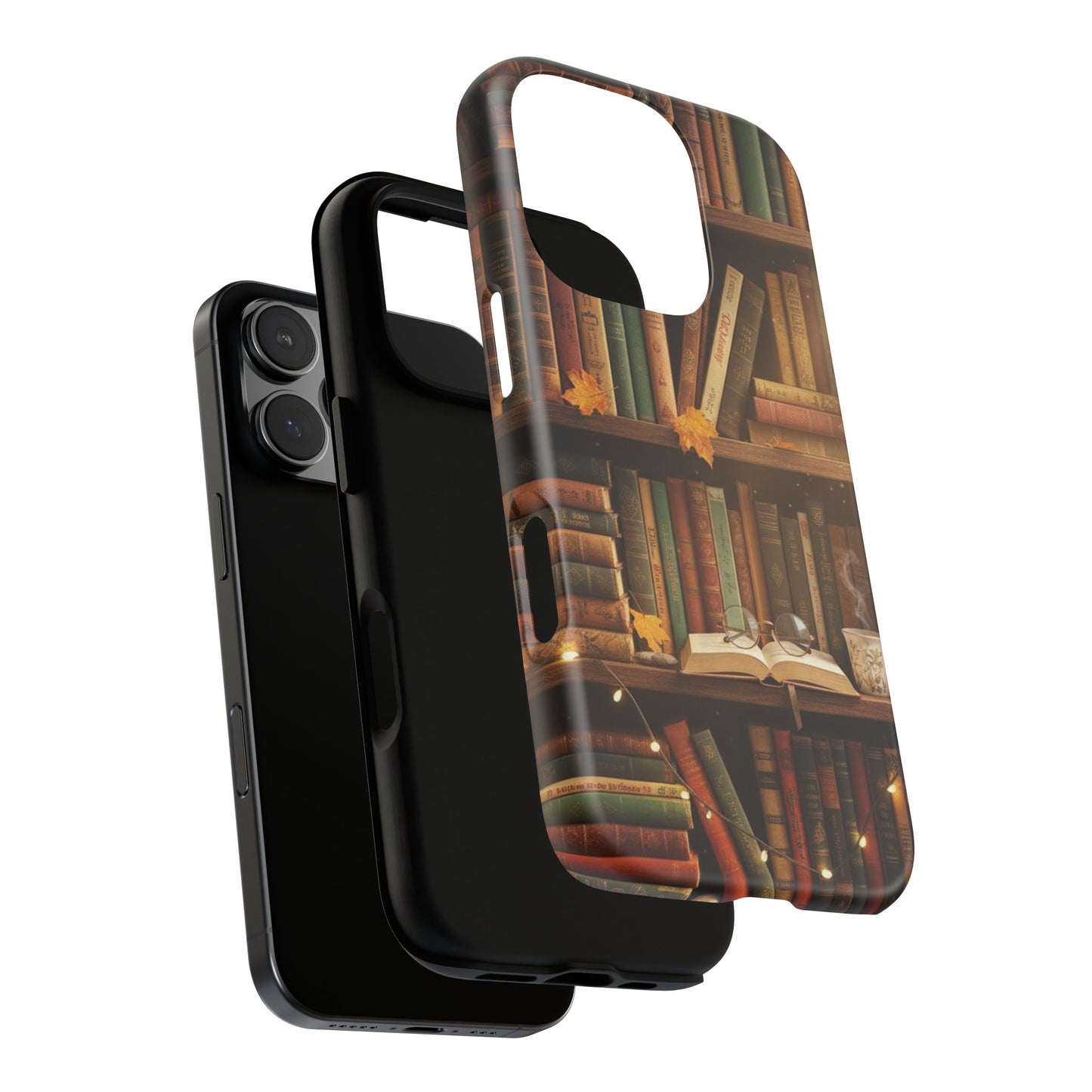Cozy Vintage Bookshelf Phone Case, Library Aesthetic Book Stack, Autumn Coffee Vibes (iPhone, Samsung, Pixel)