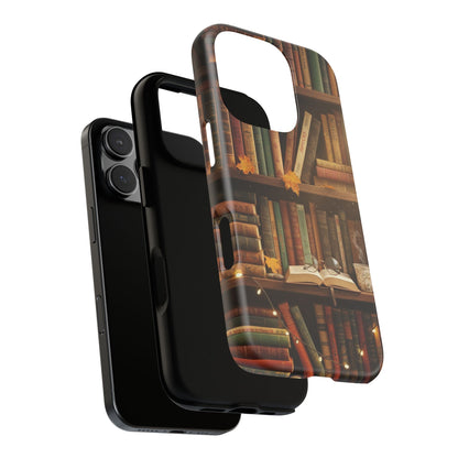 Cozy Vintage Bookshelf Phone Case, Library Aesthetic Book Stack, Autumn Coffee Vibes (iPhone, Samsung, Pixel)
