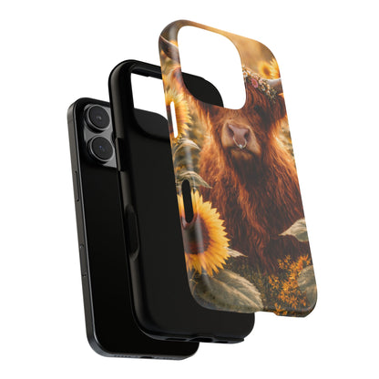 Highland Cow Sunflower Phone Case | Floral Farmhouse iPhone, Samsung Galaxy and Pixel Cover