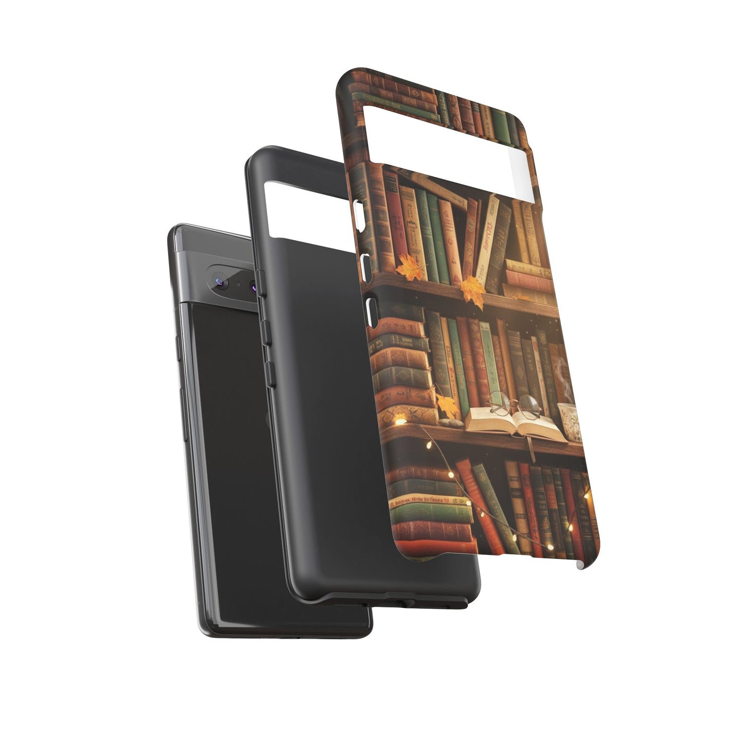 Cozy Vintage Bookshelf Phone Case, Library Aesthetic Book Stack, Autumn Coffee Vibes (iPhone, Samsung, Pixel)