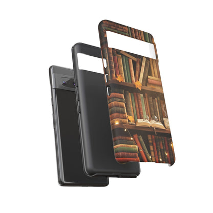 Cozy Vintage Bookshelf Phone Case, Library Aesthetic Book Stack, Autumn Coffee Vibes (iPhone, Samsung, Pixel)
