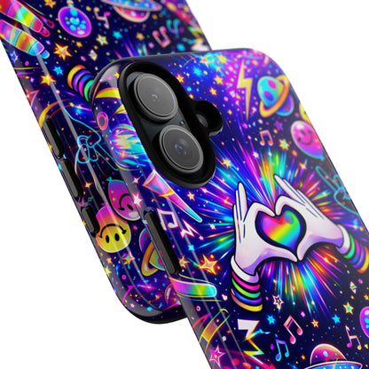 Rainbow Heart Hands Phone Case – Neon Galaxy EDM Festival Tough Cover