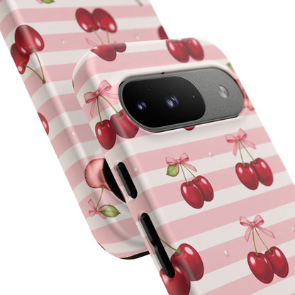 Coquette Cherry Bow Phone Case | Cute Pink Aesthetic Cherry Pattern Tough Case for iPhone & Samsung