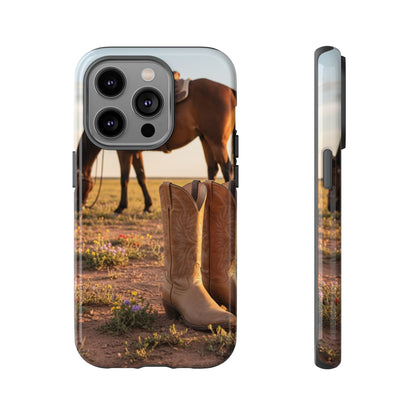 Western Cowboy Boots Phone Case – Rustic Horse Sunset Tough Case (iPhone, Samsung, Pixel)