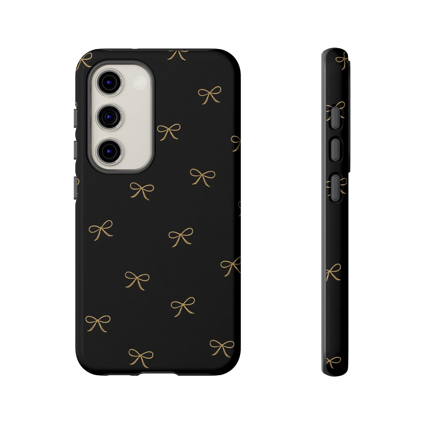 Black Phone Case with Gold Bow Pattern – Slim Protective Cute Aesthetic Cover for Iphone, Samsung Galaxy and Pixel