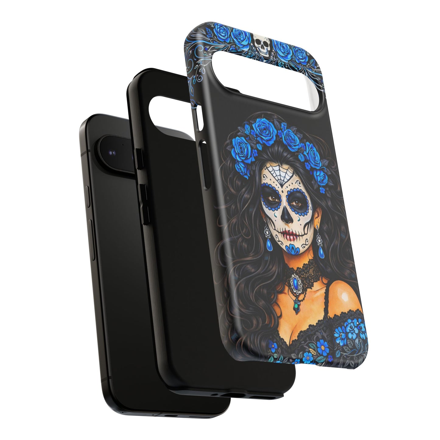 Blue Sugar Skull Woman Phone Case – Day of the Dead Aesthetic Tough Cover