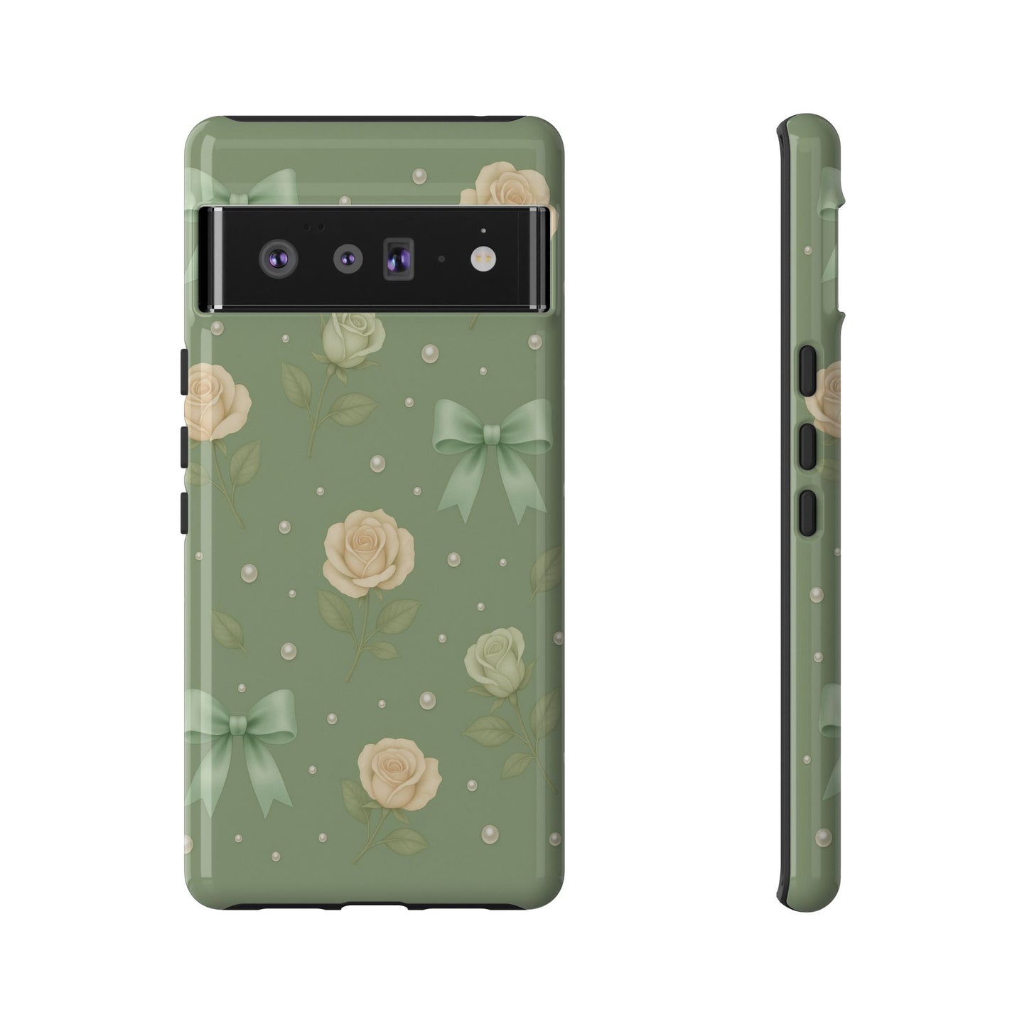 Vintage Rose Bow Phone Case – Sage Green Floral Coquette Aesthetic Tough Case (iPhone, Samsung, Pixel)