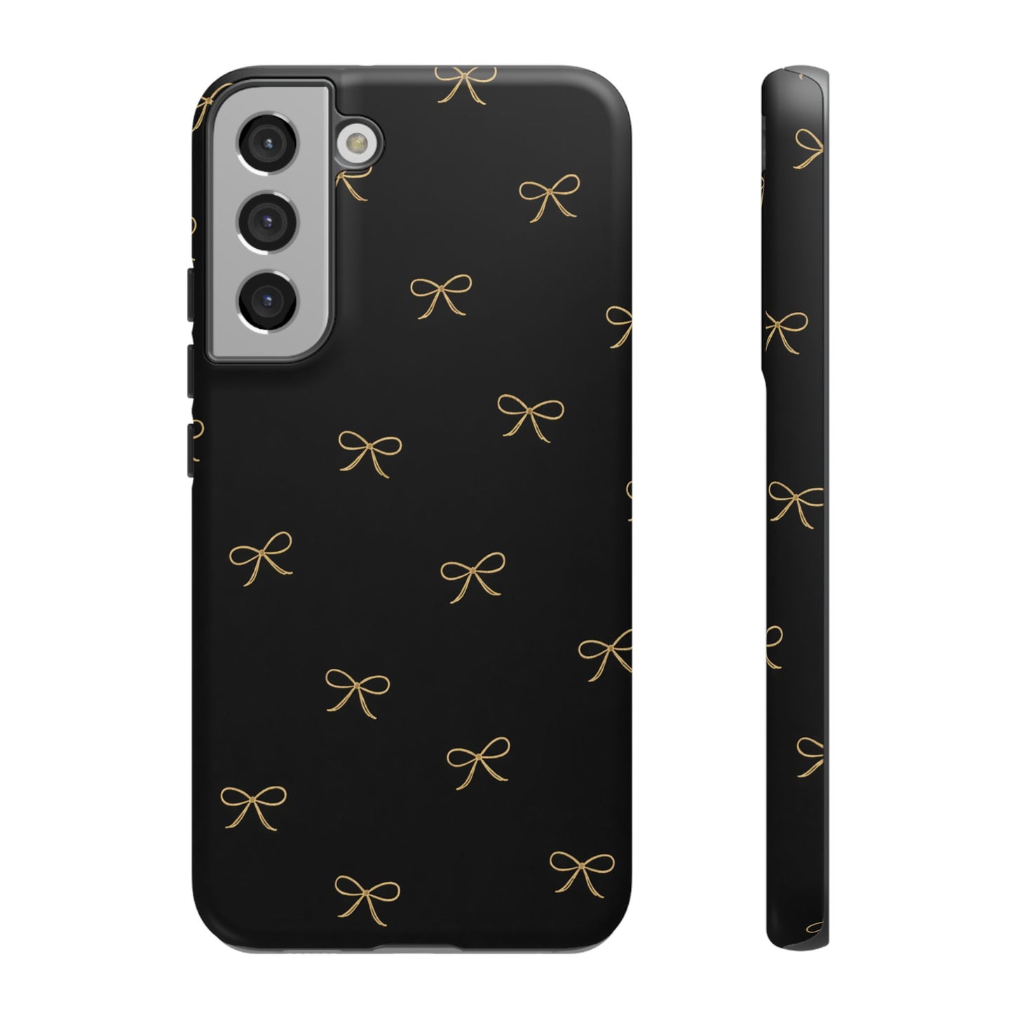 Black Phone Case with Gold Bow Pattern – Slim Protective Cute Aesthetic Cover for Iphone, Samsung Galaxy and Pixel