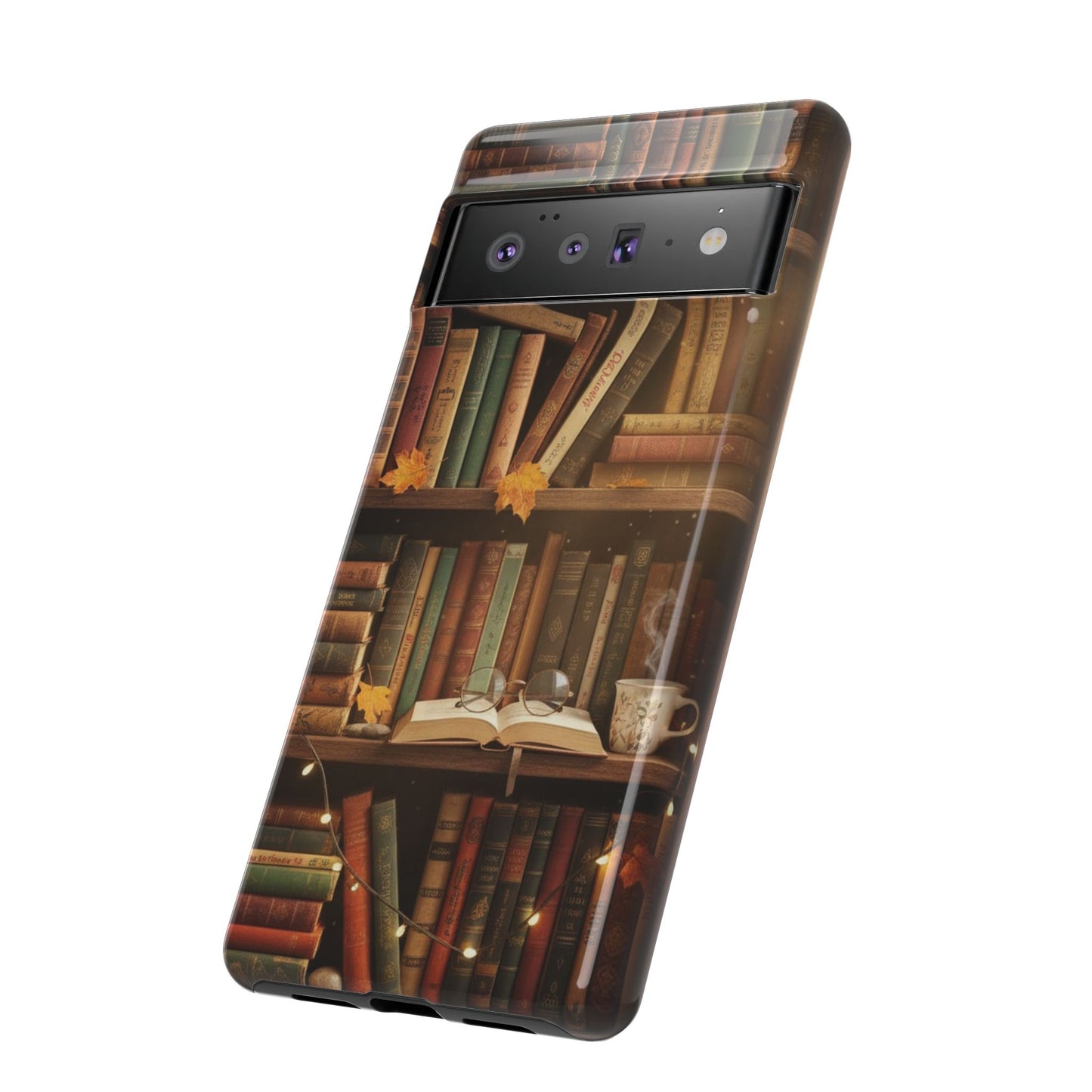 Cozy Vintage Bookshelf Phone Case, Library Aesthetic Book Stack, Autumn Coffee Vibes (iPhone, Samsung, Pixel)
