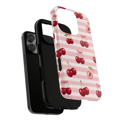 Coquette Cherry Bow Phone Case | Cute Pink Aesthetic Cherry Pattern Tough Case for iPhone & Samsung
