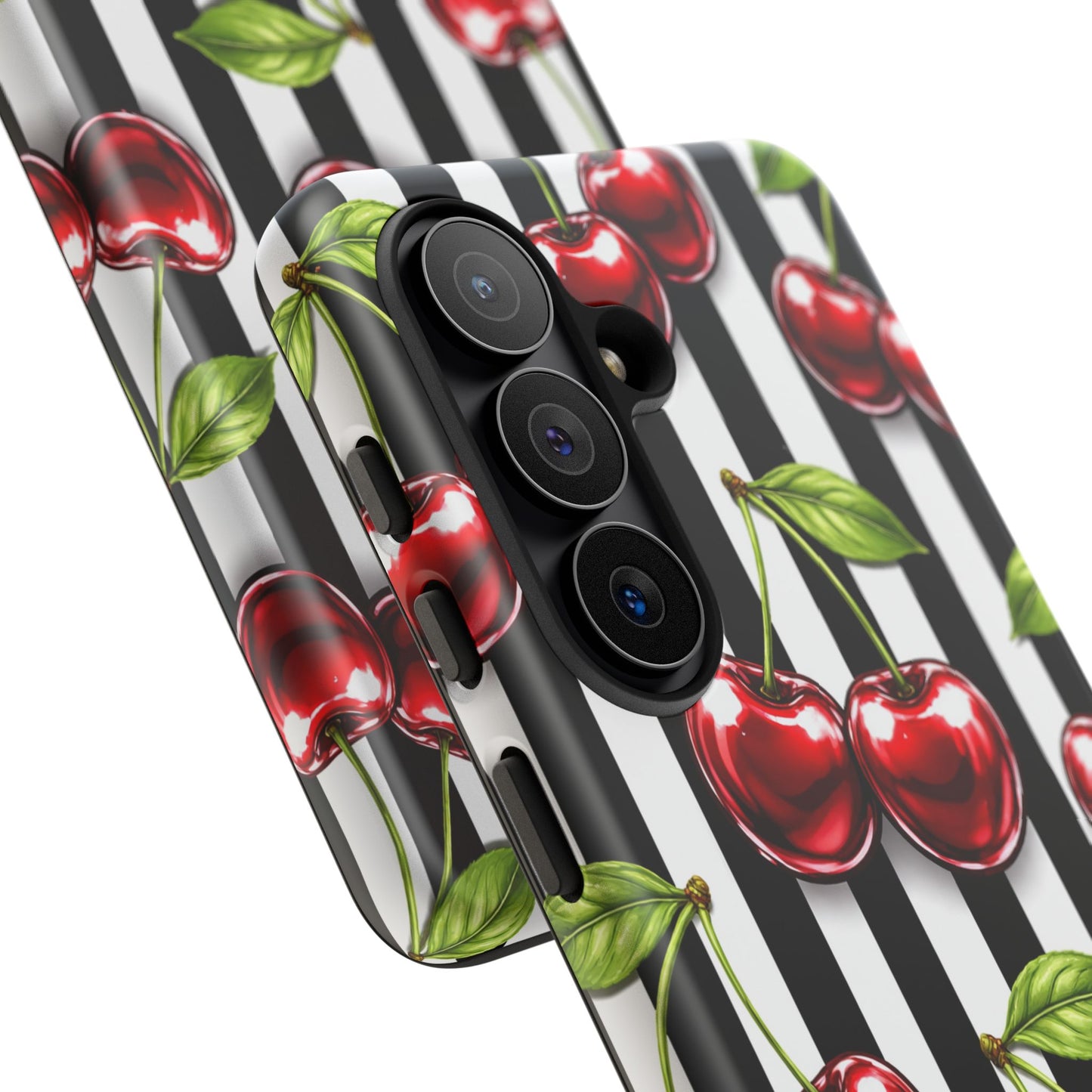 Cherry Pattern Phone Case Black White Stripe Retro Aesthetic Tough Cover