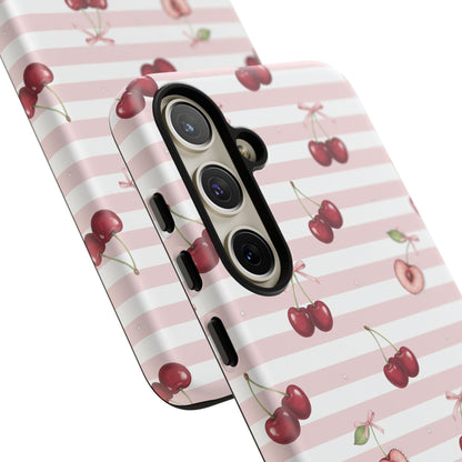 Pink Cherry Stripe Phone Case | Cute Coquette Aesthetic Protective Tough Case