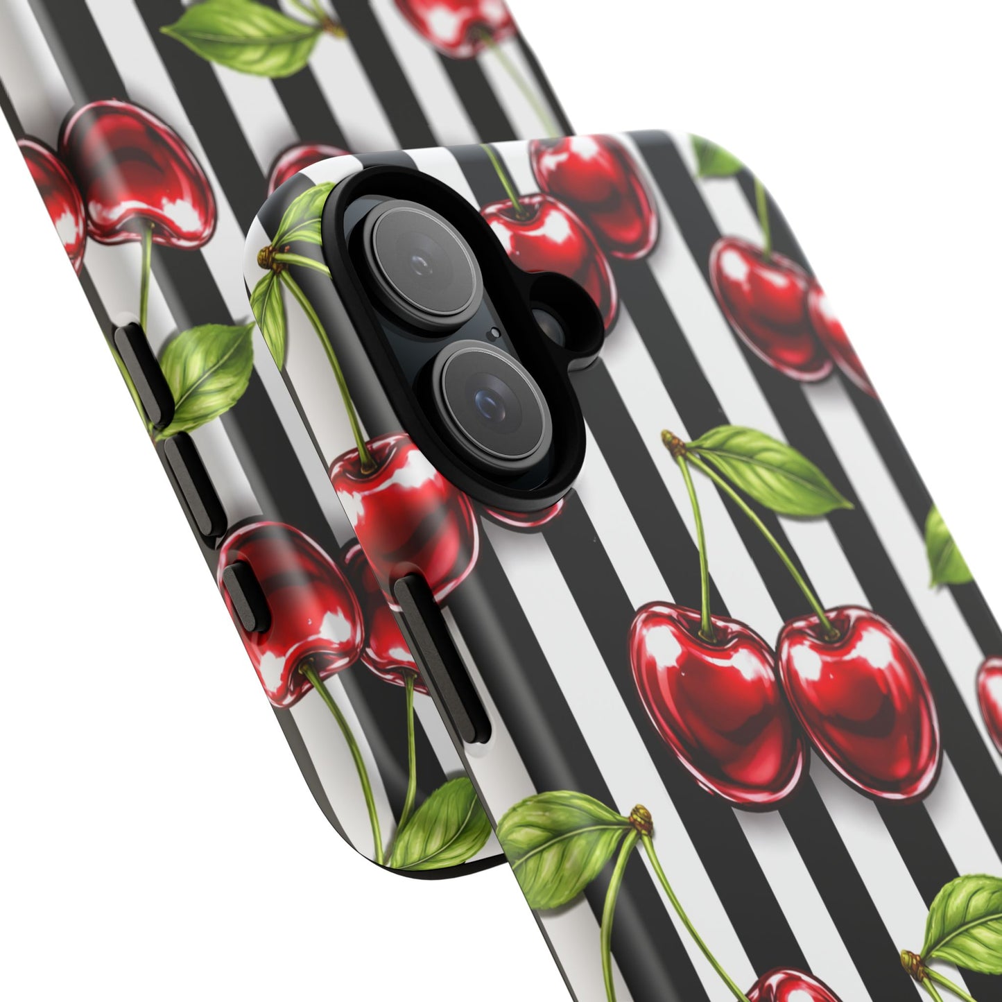 Cherry Pattern Phone Case Black White Stripe Retro Aesthetic Tough Cover