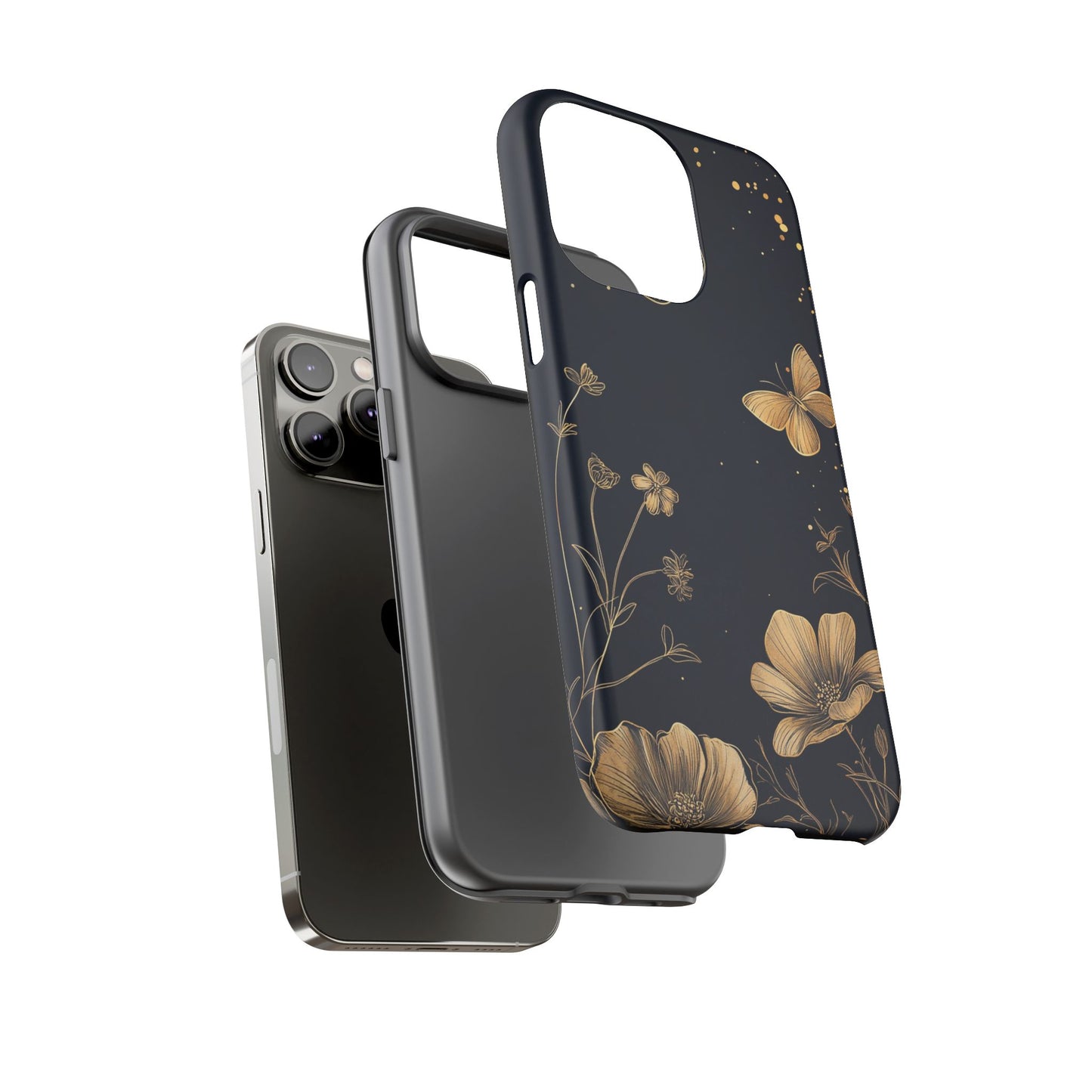 Gold Floral Butterfly Phone Case, Dark Aesthetic Botanical, Elegant Black Luxury iPhone Samsung Cover