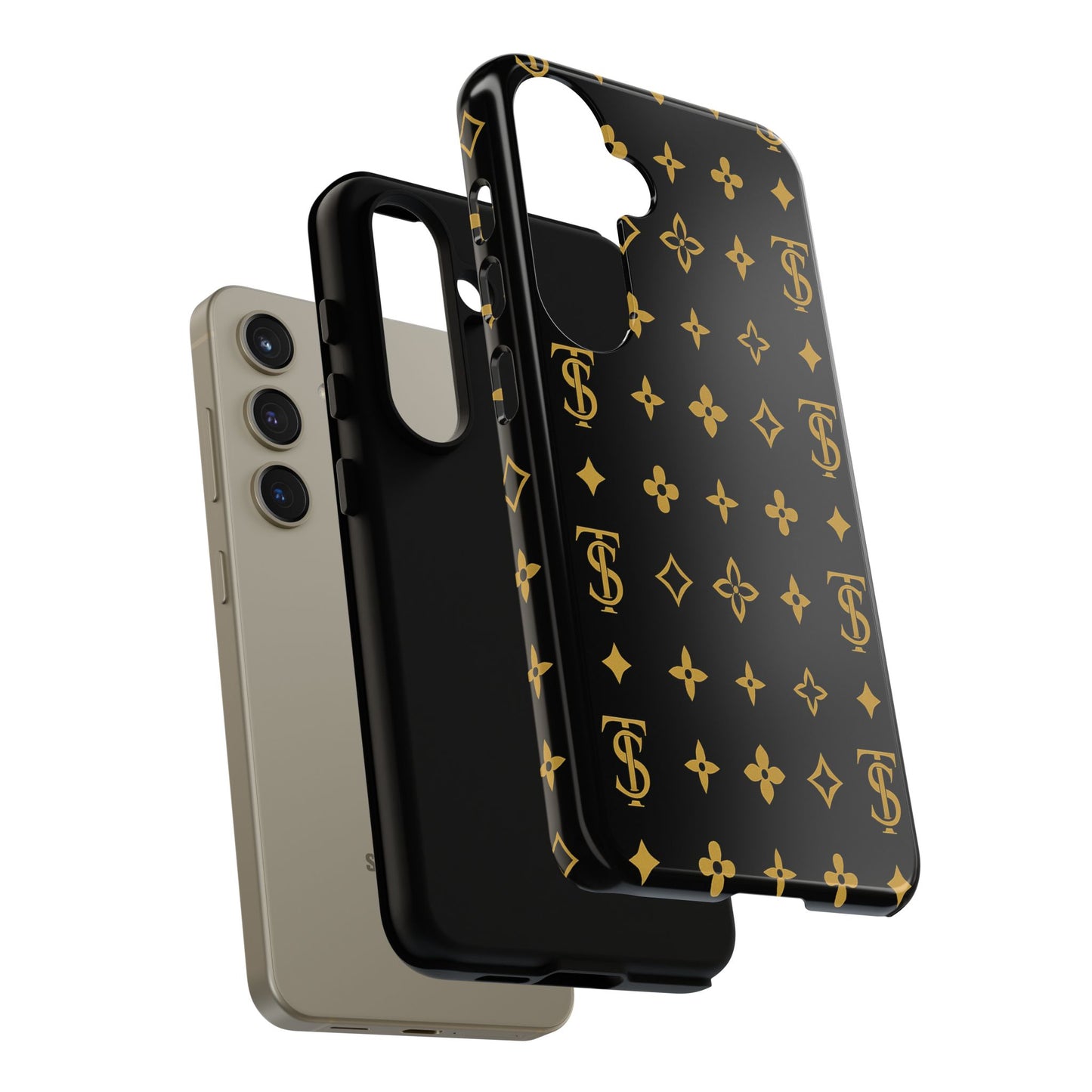 Gold Monogram Pattern Tough Phone Case | Black & Gold Luxury Design for Iphone, Samsung Galaxy and Pixel