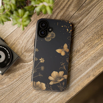 Gold Floral Butterfly Phone Case, Dark Aesthetic Botanical, Elegant Black Luxury iPhone Samsung Cover